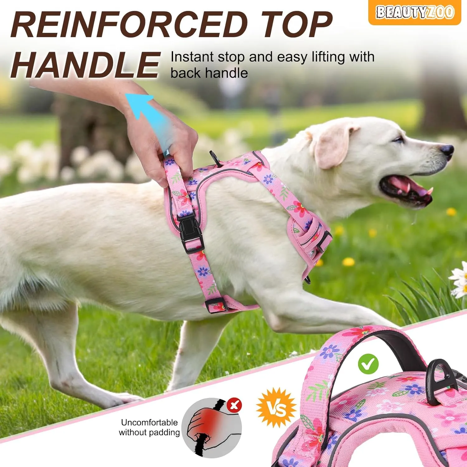 BEAUTYZOO No Pull Dog Harness Medium,Adjustable Dog Harness and Leash Set -Easy Wearing with 3 Buckles/Control Handle,No Choke Soft Padded Reflective Pet Vest for Training Walking Hiking,Pink M