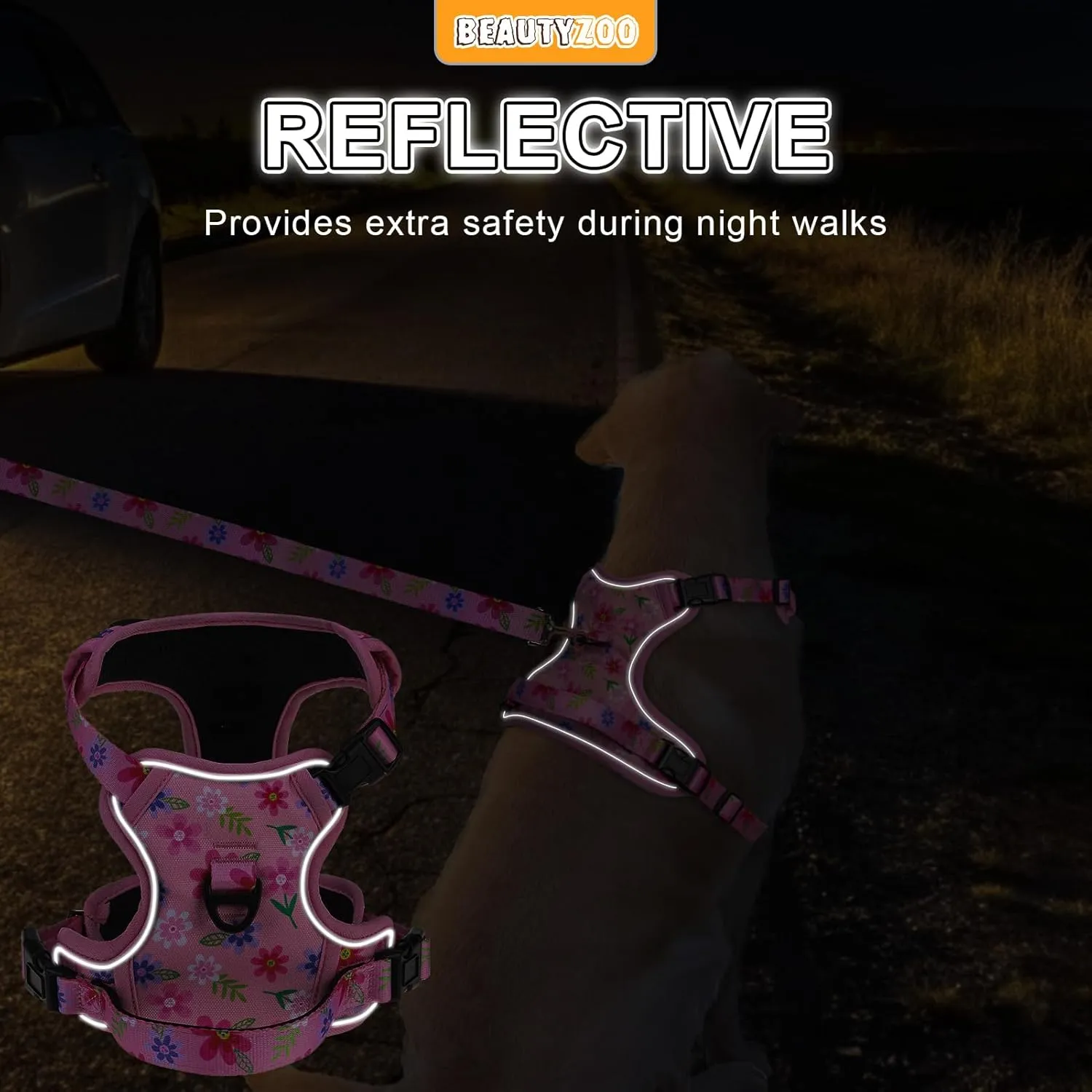 BEAUTYZOO No Pull Dog Harness Medium,Adjustable Dog Harness and Leash Set -Easy Wearing with 3 Buckles/Control Handle,No Choke Soft Padded Reflective Pet Vest for Training Walking Hiking,Pink M