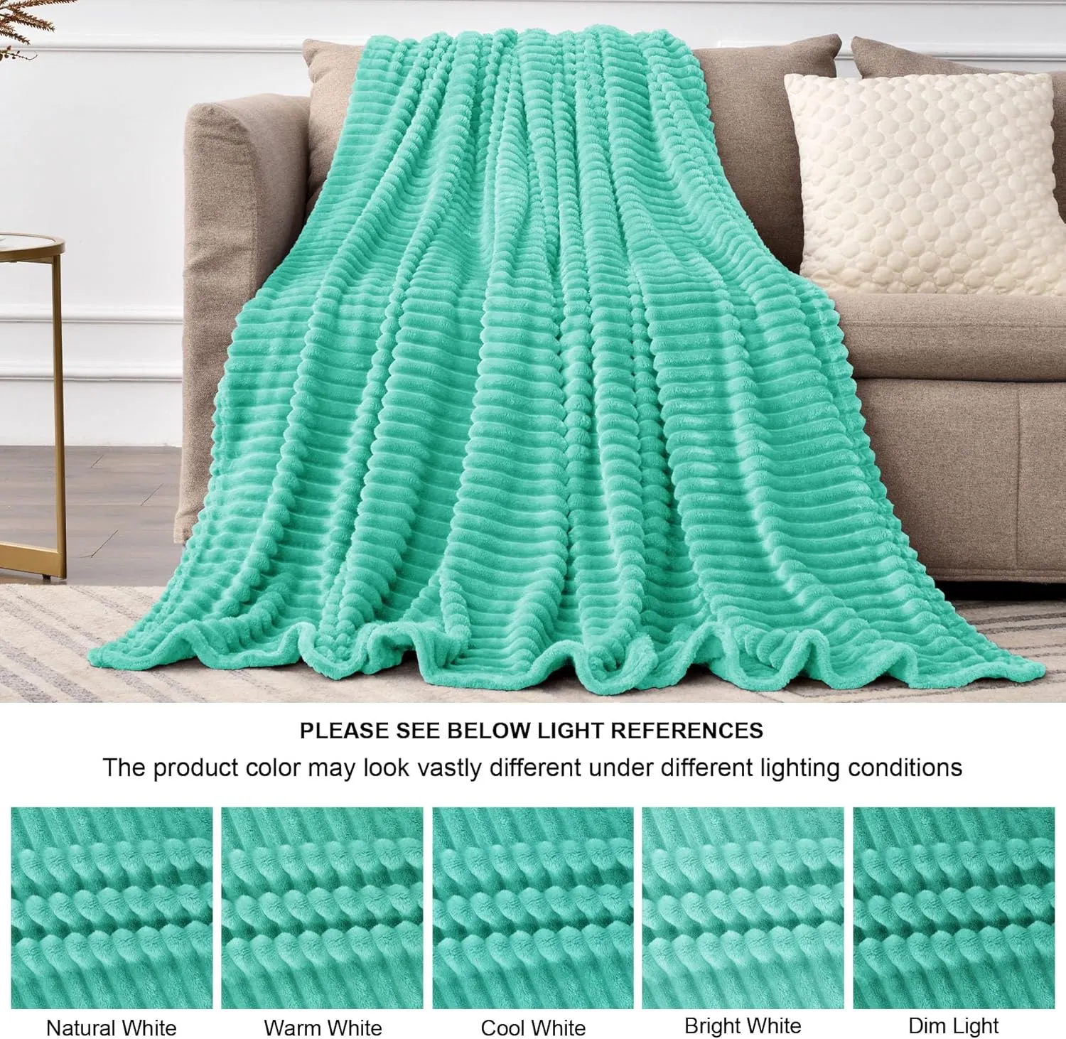 BEDELITE Fleece Throw Blanket for Couch – 3D Ribbed Jacquard Soft and Warm Decorative Fuzzy Blanket – Cozy, Fluffy, Plush Lightweight Aqua Throw Blankets for Bed, Sofa, 50x60 inches