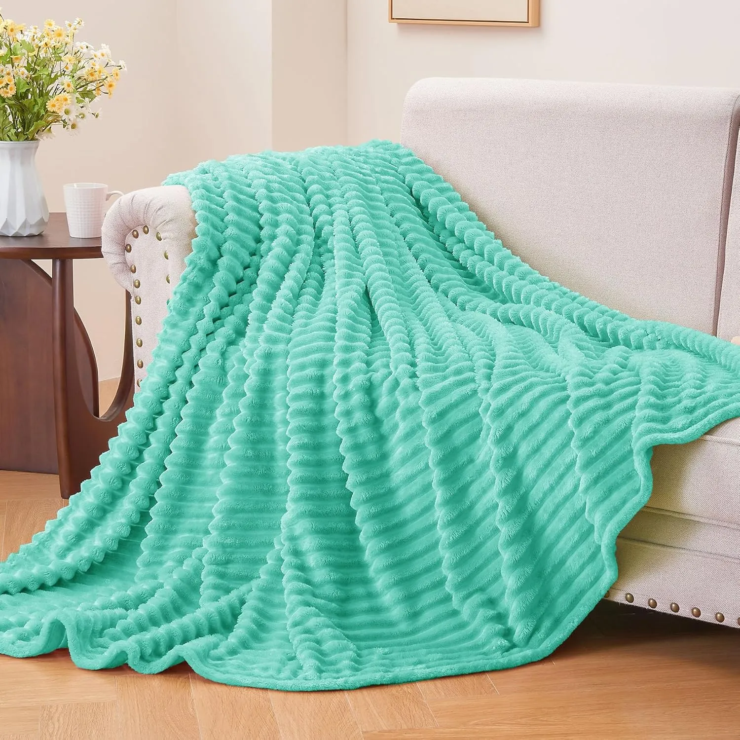 BEDELITE Fleece Throw Blanket for Couch – 3D Ribbed Jacquard Soft and Warm Decorative Fuzzy Blanket – Cozy, Fluffy, Plush Lightweight Aqua Throw Blankets for Bed, Sofa, 50x60 inches