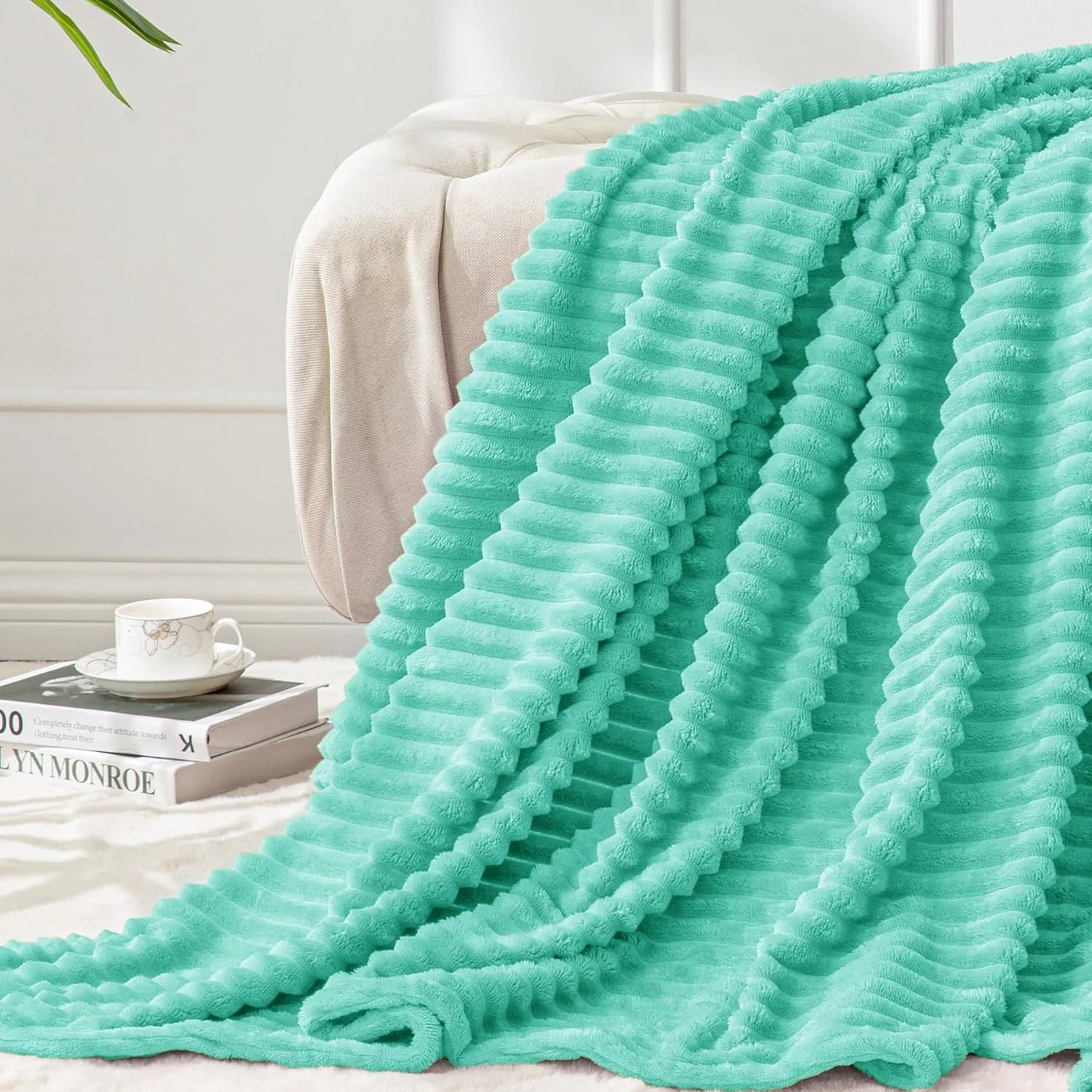 BEDELITE Fleece Throw Blanket for Couch – 3D Ribbed Jacquard Soft and Warm Decorative Fuzzy Blanket – Cozy, Fluffy, Plush Lightweight Aqua Throw Blankets for Bed, Sofa, 50x60 inches
