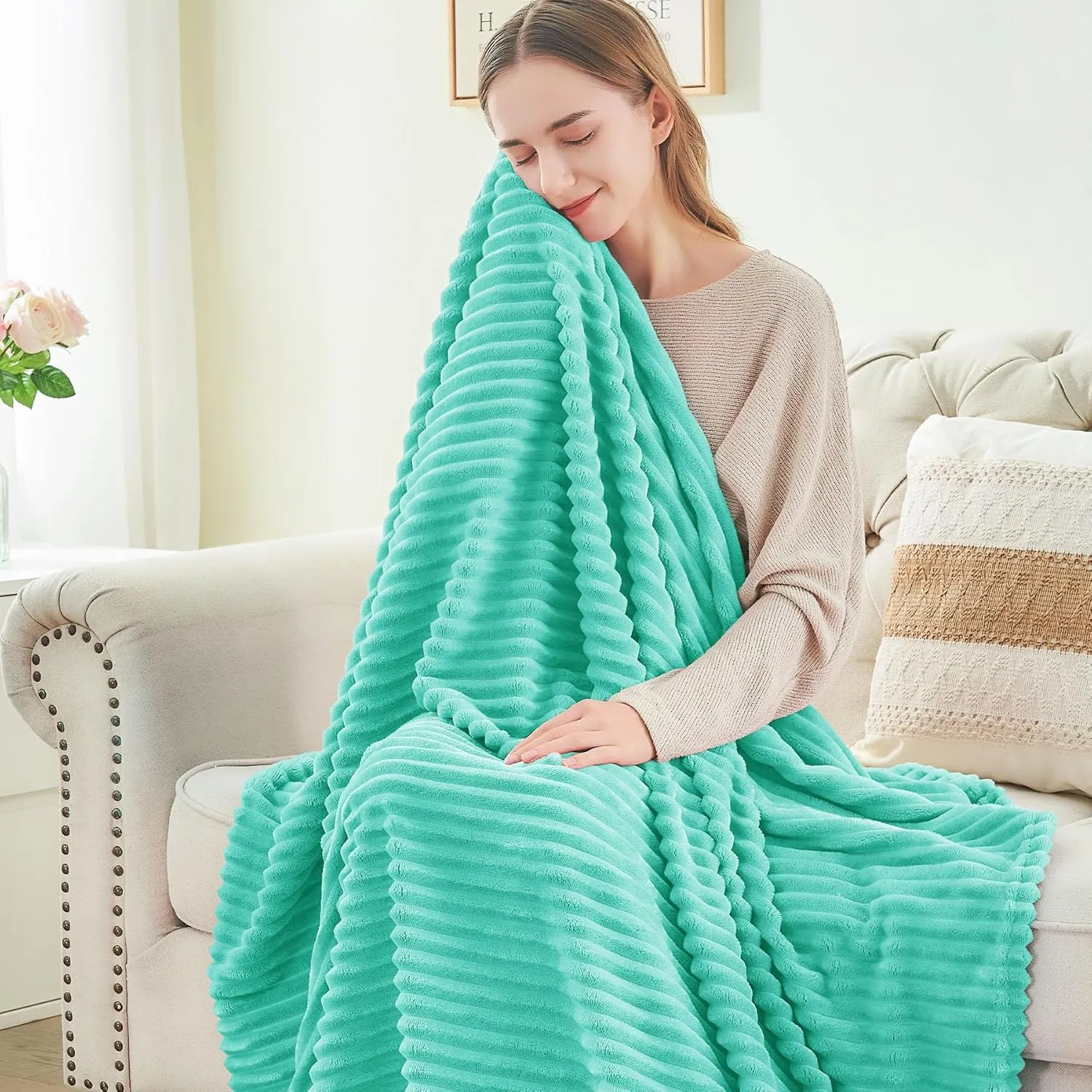 BEDELITE Fleece Throw Blanket for Couch – 3D Ribbed Jacquard Soft and Warm Decorative Fuzzy Blanket – Cozy, Fluffy, Plush Lightweight Aqua Throw Blankets for Bed, Sofa, 50x60 inches