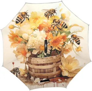 Bee Basket Flowers Inverted Reverse Umbrella with C-shaped Handle Windproof Upside Down Umbrellas for Rain Double Layer Hands Free Umbrella for Men Women 202b4640