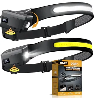 BIAT LED Headlamp Rechargeable 2PCS, 230° Wide Beam Headlight with Motion Sensor, 90° Rotation and Removable Head Lights for Forehead, 5Mode Head Lamp for Adults, Camping Essentials Gear for Hiking