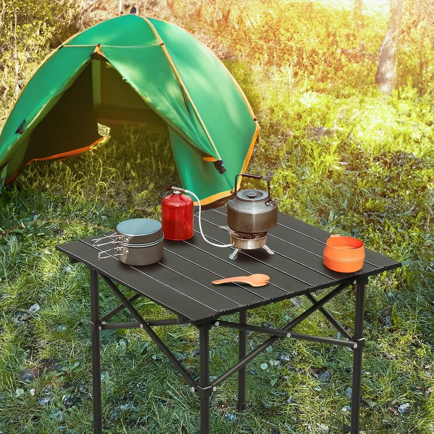 BIVVI Square Folding Table Roll-up Camping Table with Easy Carrying Bag,Patio Table Camp Table for Indoor,Outdoor,Camping, Beach,Backyard, BBQ, Party,Mesas para Fiestas,Black 1.6 FT