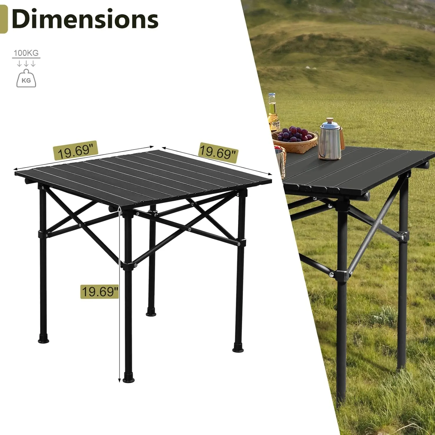BIVVI Square Folding Table Roll-up Camping Table with Easy Carrying Bag,Patio Table Camp Table for Indoor,Outdoor,Camping, Beach,Backyard, BBQ, Party,Mesas para Fiestas,Black 1.6 FT