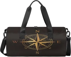 Black And Gold Compass Sports Duffel Bag, Gym Tote Bag Waterproof Weekender Travel Bag for Overnight Travel Luggage Workout Women Men
