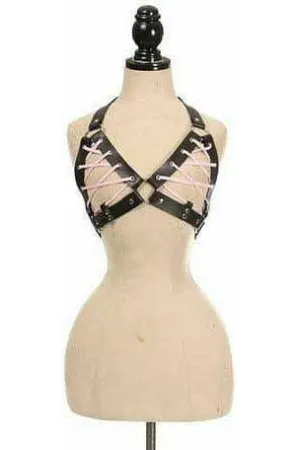 Black Faux Leather Lace-Up Bra Top - Lt Pink