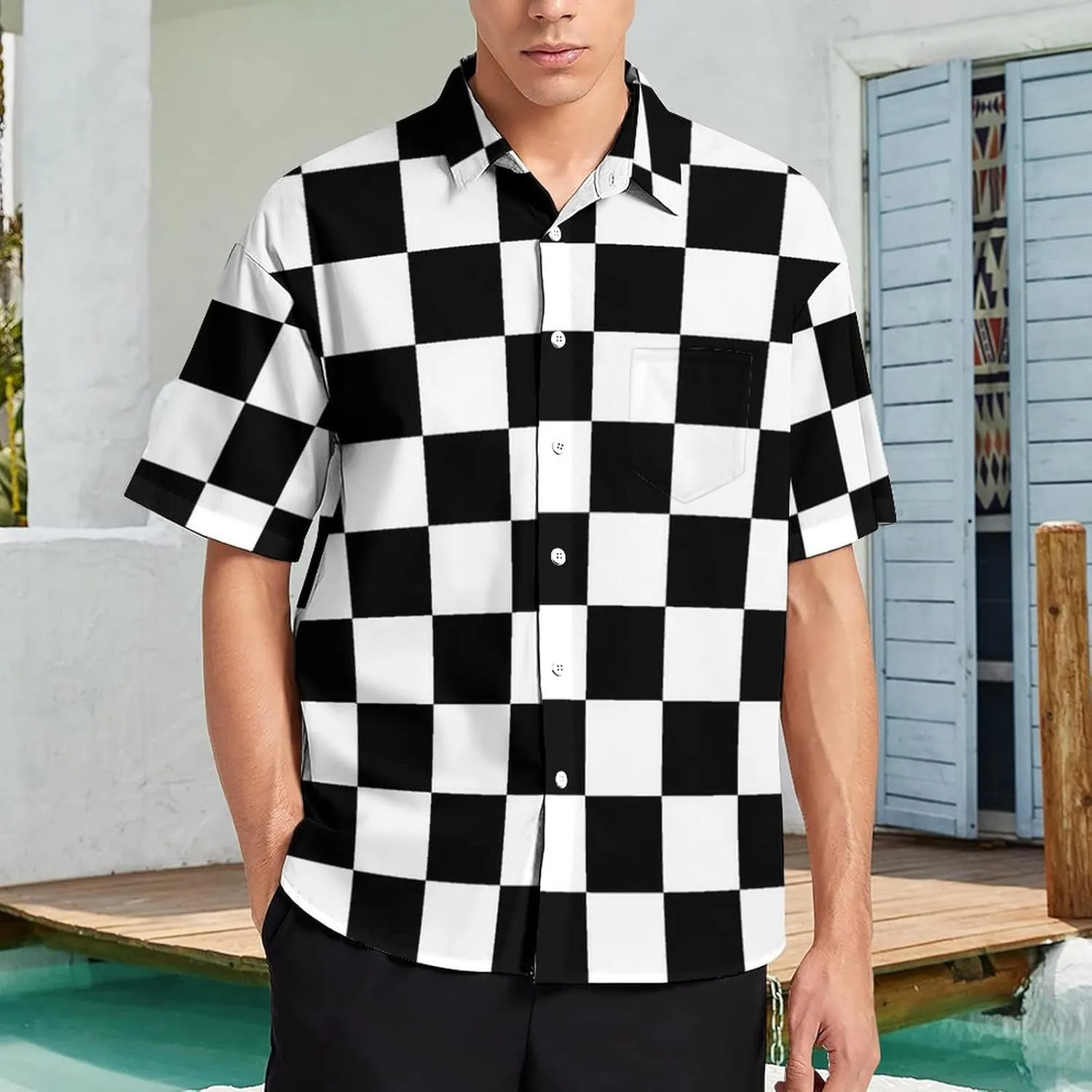 Black White Race Checkered Flag Pattern Men's Short Sleeve Casual Loose Button Down Shirt Hawaiian Beach Shirt