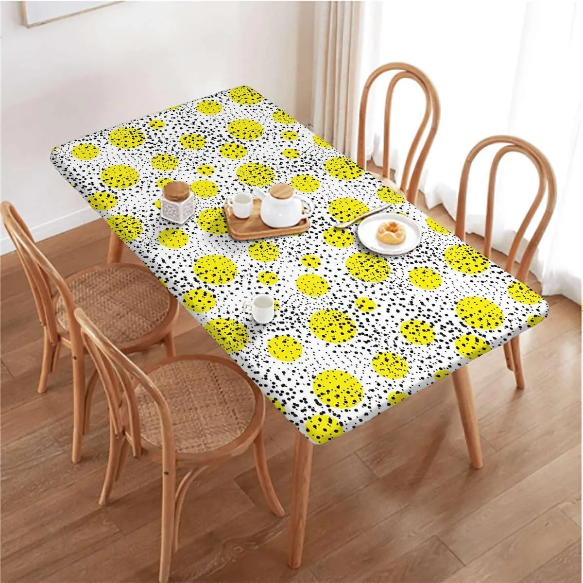 Black Yellow White Fitted Tablecloth Primitive Patterns of Minimalism Picnic Table Tablecloth Covers Set for Picnics Indoor and Outdoor Dining Geometric Fits up 4 Foot Tables
