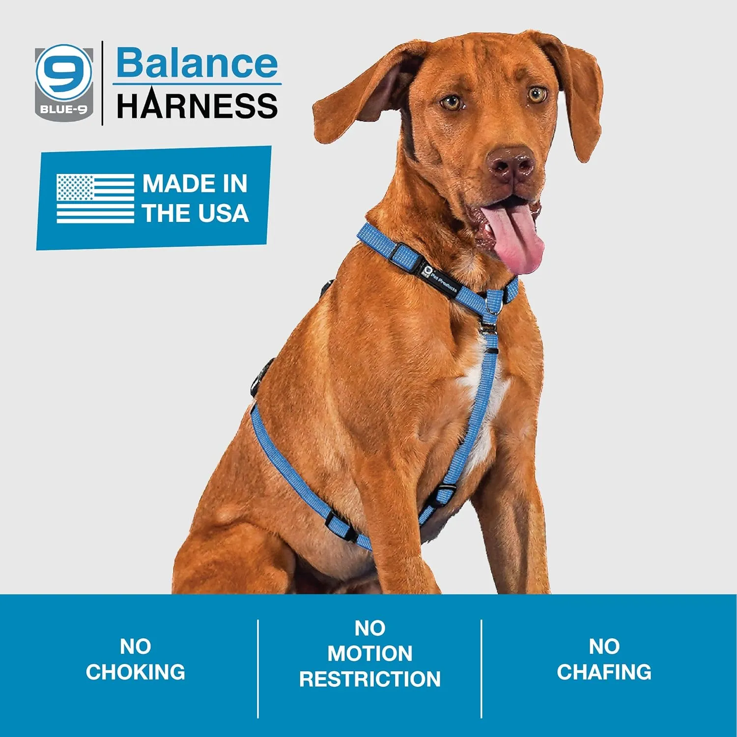 Blue-9 Reflective Buckle-Neck Balance Harness, Fully Customizable Fit No-Pull Harness with 3M Reflective Stitching, Ideal for Dog Training and Obedience, Made in The USA, Blue, Medium