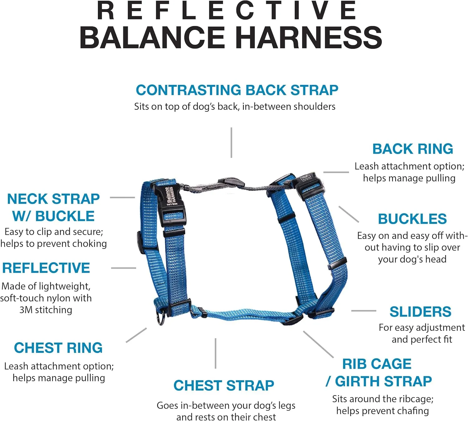 Blue-9 Reflective Buckle-Neck Balance Harness, Fully Customizable Fit No-Pull Harness with 3M Reflective Stitching, Ideal for Dog Training and Obedience, Made in The USA, Blue, Medium