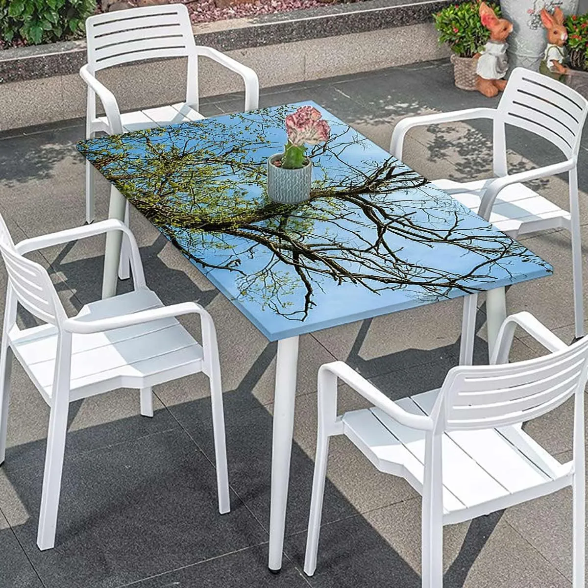 Blue Rectangle Tables Decor Crown of Trees Under Tranquil Radial Image Protector with Elastic for Rectangle Picnic Tables, Washable Forest Home Fits up 5 Foot Tables