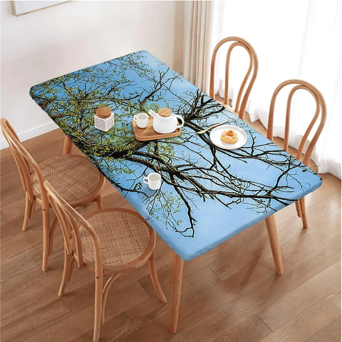 Blue Rectangle Tables Decor Crown of Trees Under Tranquil Radial Image Protector with Elastic for Rectangle Picnic Tables, Washable Forest Home Fits up 5 Foot Tables