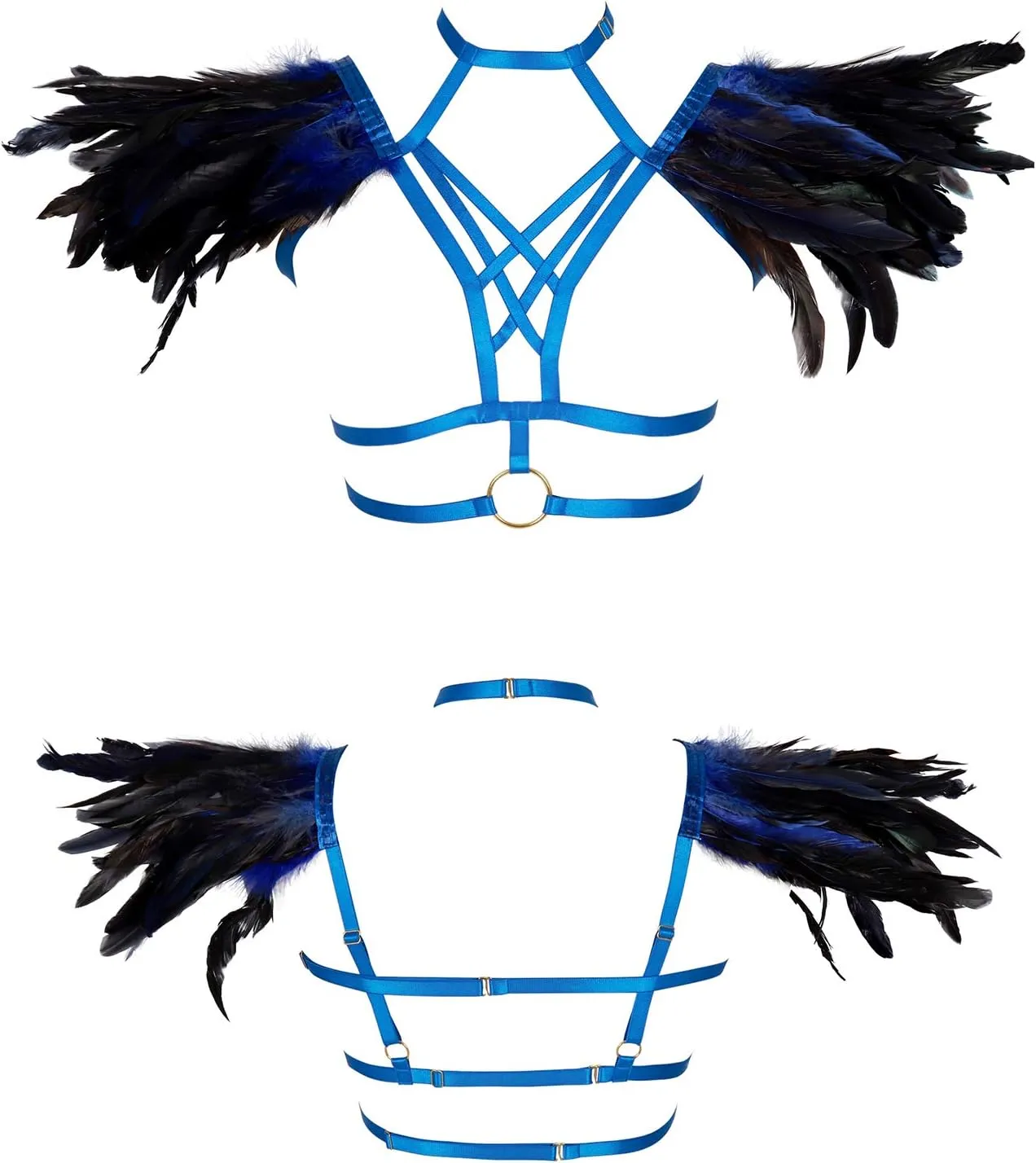 Body CAGE Women's Feathers Body Harness Bra Gothic Punk Epaulette Burning Man Festival Rave Wing Bralette Adjustable