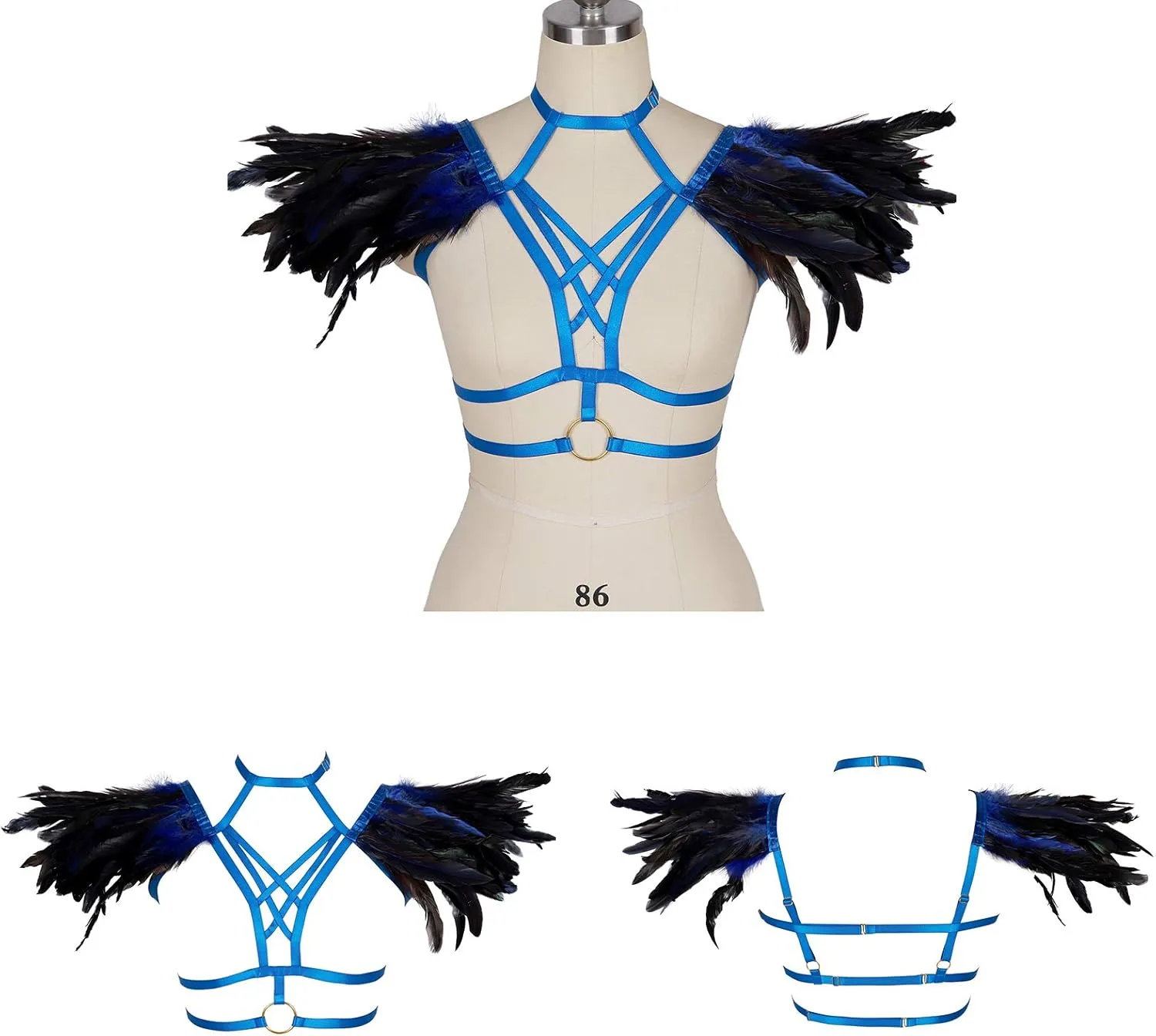 Body CAGE Women's Feathers Body Harness Bra Gothic Punk Epaulette Burning Man Festival Rave Wing Bralette Adjustable