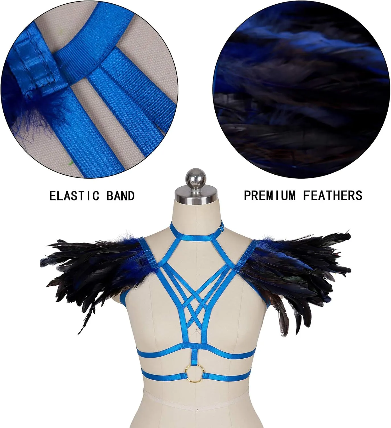 Body CAGE Women's Feathers Body Harness Bra Gothic Punk Epaulette Burning Man Festival Rave Wing Bralette Adjustable