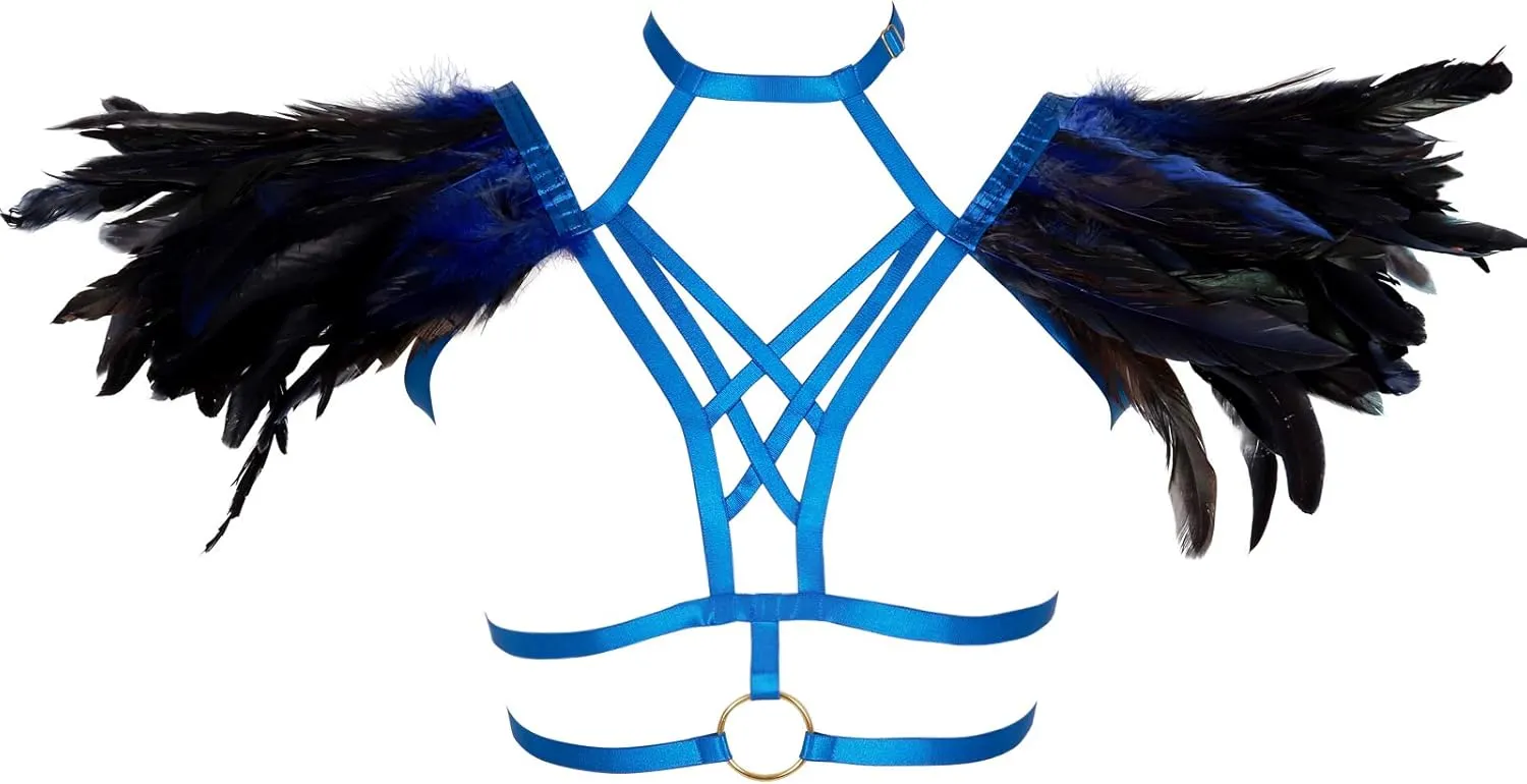 Body CAGE Women's Feathers Body Harness Bra Gothic Punk Epaulette Burning Man Festival Rave Wing Bralette Adjustable