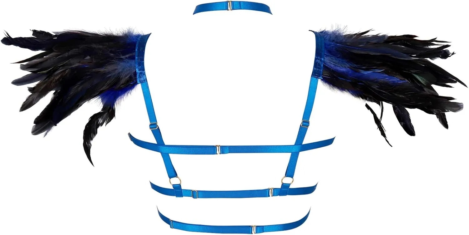 Body CAGE Women's Feathers Body Harness Bra Gothic Punk Epaulette Burning Man Festival Rave Wing Bralette Adjustable
