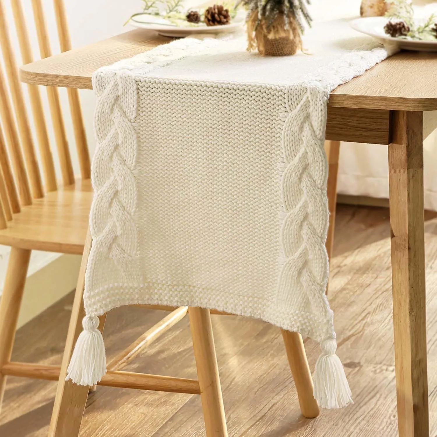 Boho Table Runner, Cream Farmhouse Table Runners 72 inches Long, Soft Boho Knit Runner for Table with Tassels, Home Decor Table Runner for Bohemian Dining Bedroom Decor Rustic