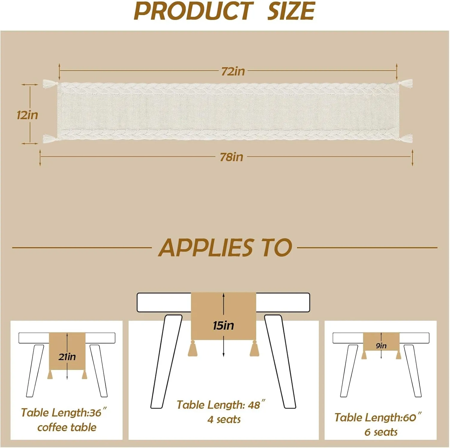 Boho Table Runner, Cream Farmhouse Table Runners 72 inches Long, Soft Boho Knit Runner for Table with Tassels, Home Decor Table Runner for Bohemian Dining Bedroom Decor Rustic