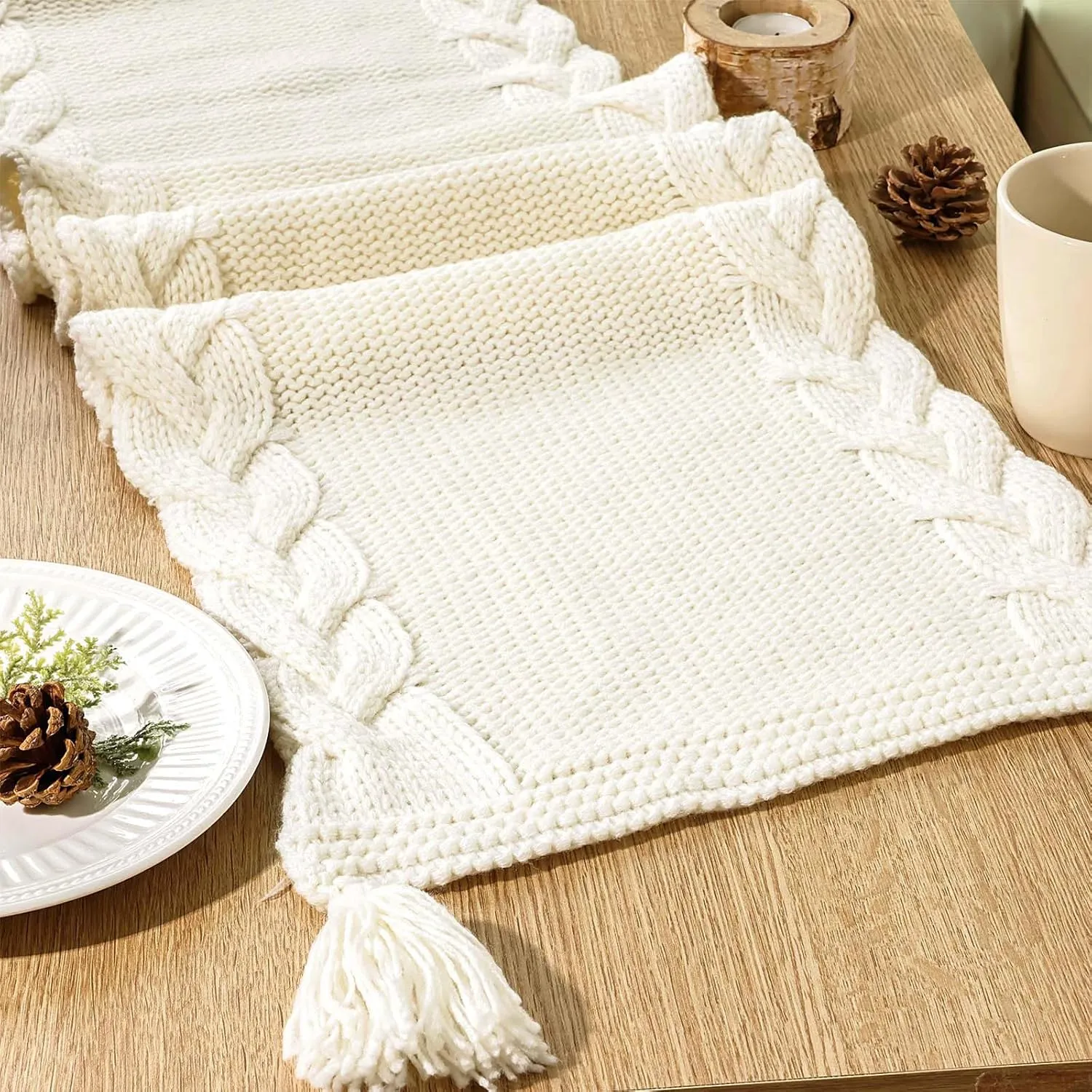 Boho Table Runner, Cream Farmhouse Table Runners 72 inches Long, Soft Boho Knit Runner for Table with Tassels, Home Decor Table Runner for Bohemian Dining Bedroom Decor Rustic