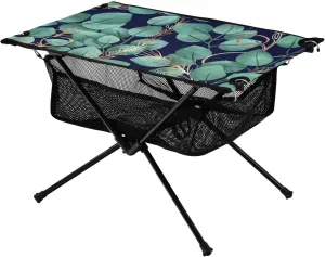 Bolaz Outdoor Folding Portable Picnic Camping Table-Floral Eucalyptus Leaves and Gold on Blue,Storage Mesh for Camping Gear Accessories, Hiking, Mountaineering, Outdoor Travel