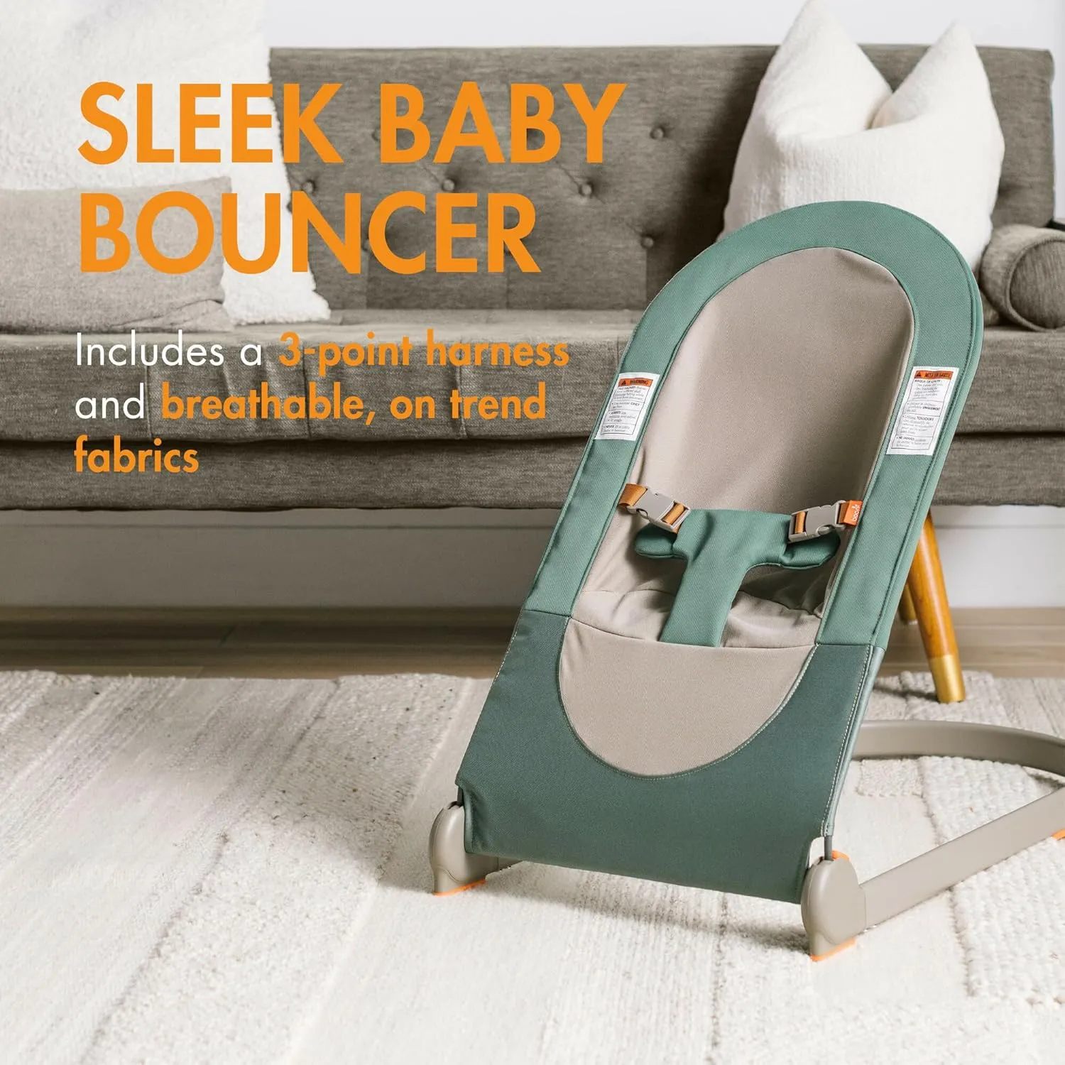 Boon Slant Portable Baby Bouncer - Folding Baby Seat for Infants - Lightweight Portable Baby Chair with Machine Washable Fabric and 3-Point Harness - Dark Green