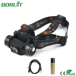 BORUiT IR Sensor Headlight USB Rechargeable LED Headlamp Flashlight Waterproof Camping Hunting Head Torch Light 18650 Battery