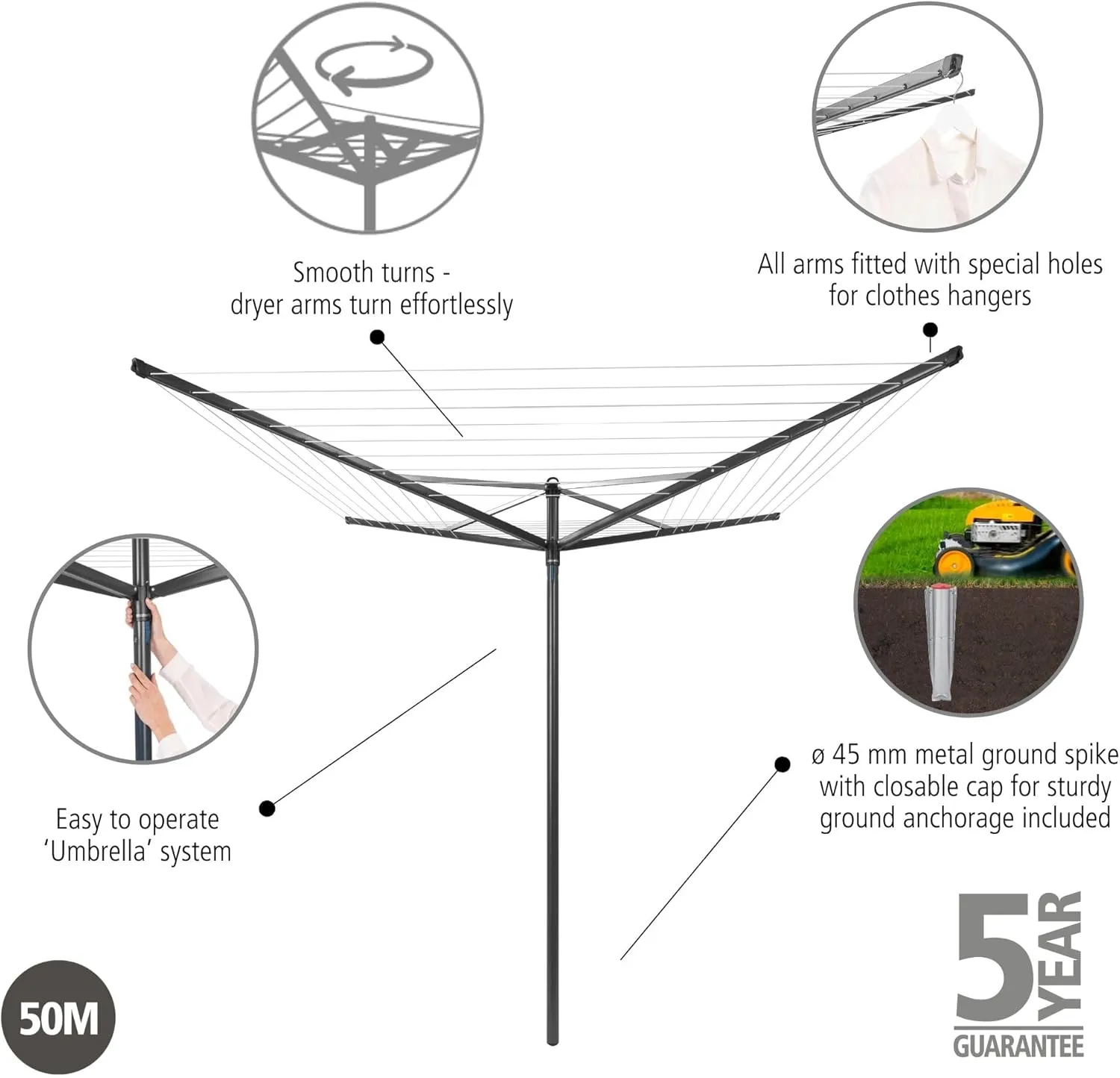 Brabantia Topspinner Outdoor 4 Arm Spinning Clothesline (164 ft/Ø 1.8") Rotating, Folding Clothes Drying Rack   Ground Spike (Anthracite)