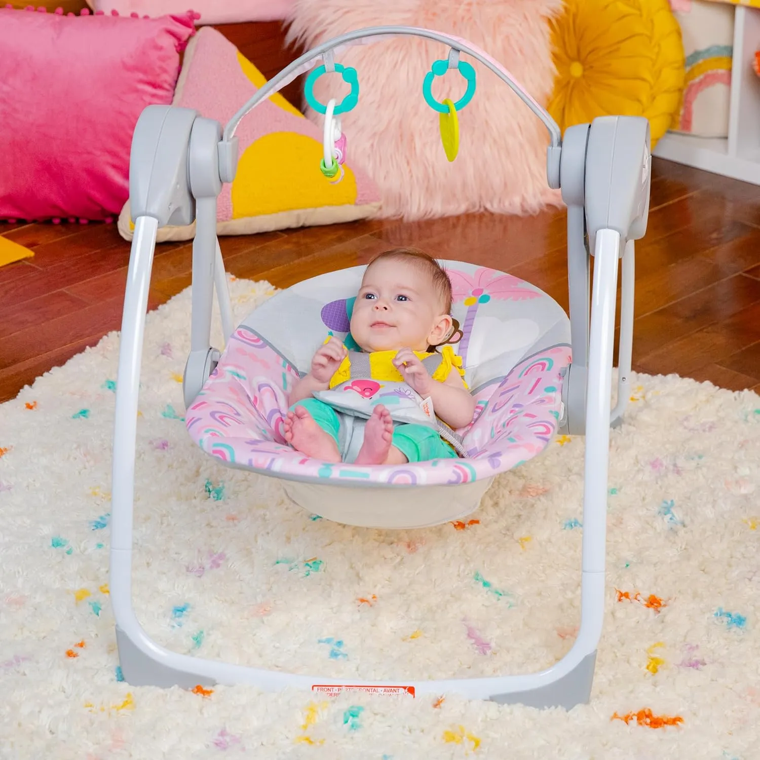 Bright Starts Pink Paradise Portable Compact Automatic Baby Swing with Music, Unisex, Newborn  