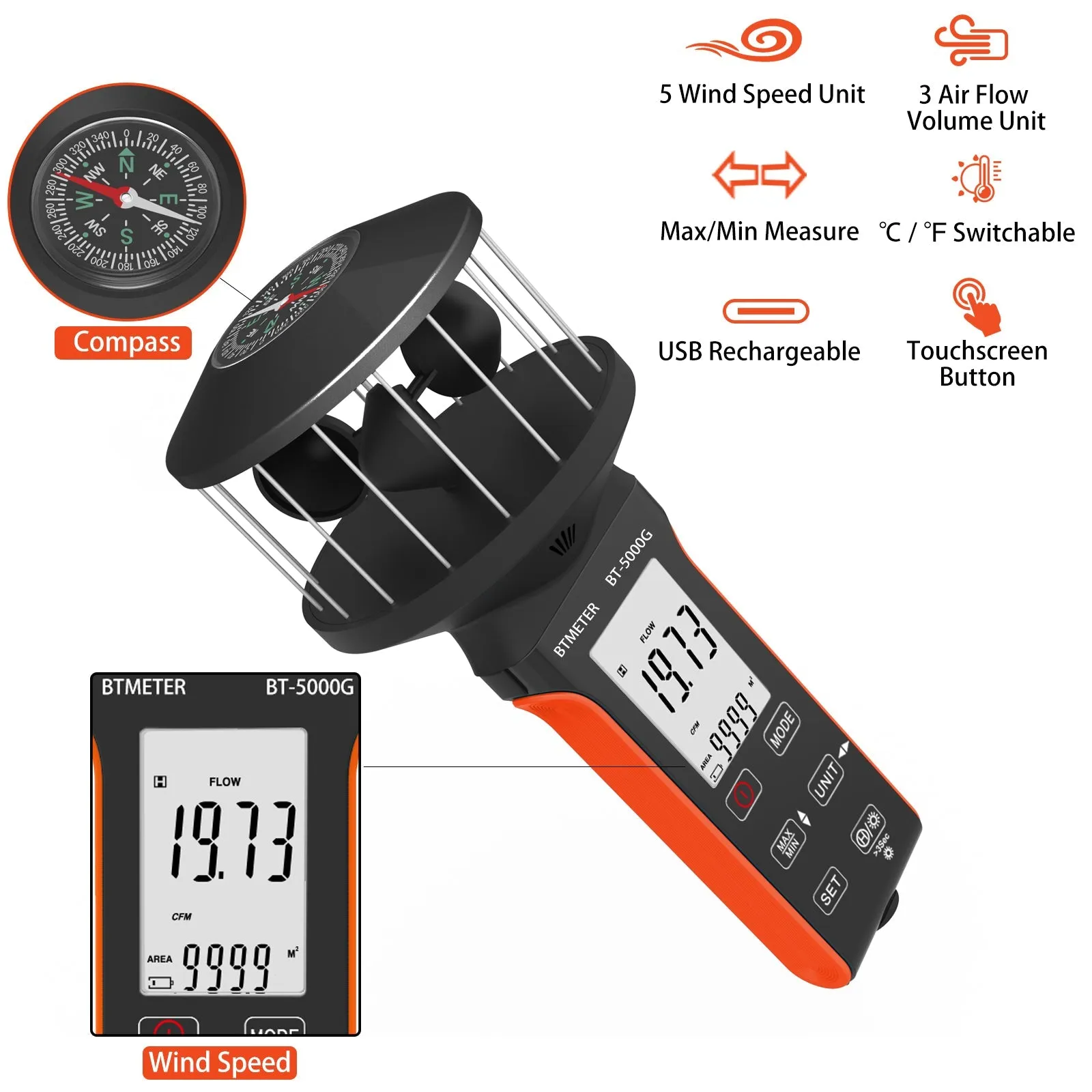 BTMETER BT-5000G  Rechargeable Handheld Wind Speed Meter, Touch Buttons for Shooting, Sailing, Surfing, Drone