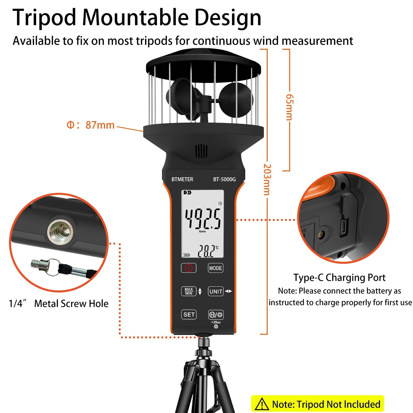 BTMETER BT-5000G  Rechargeable Handheld Wind Speed Meter, Touch Buttons for Shooting, Sailing, Surfing, Drone