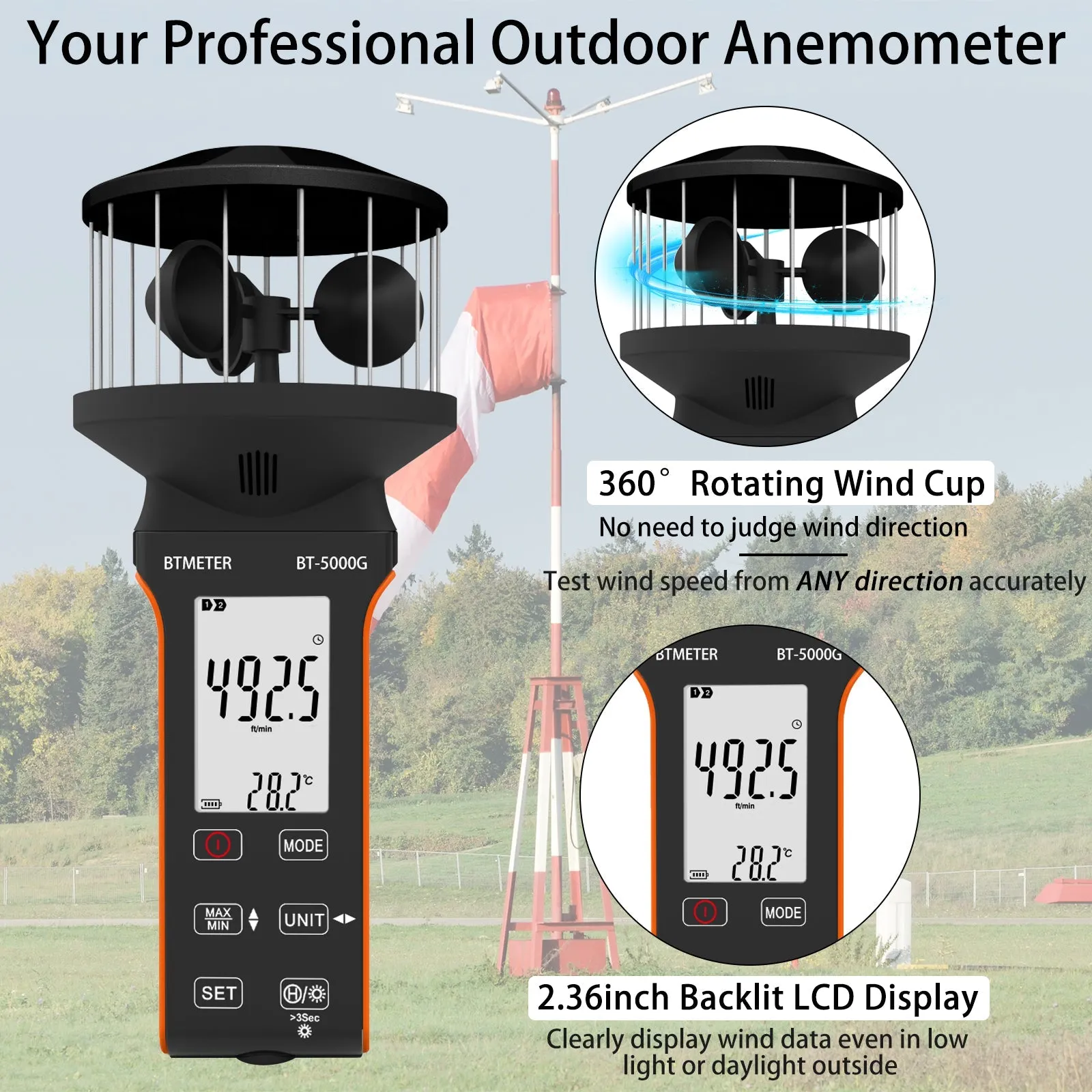 BTMETER BT-5000G  Rechargeable Handheld Wind Speed Meter, Touch Buttons for Shooting, Sailing, Surfing, Drone