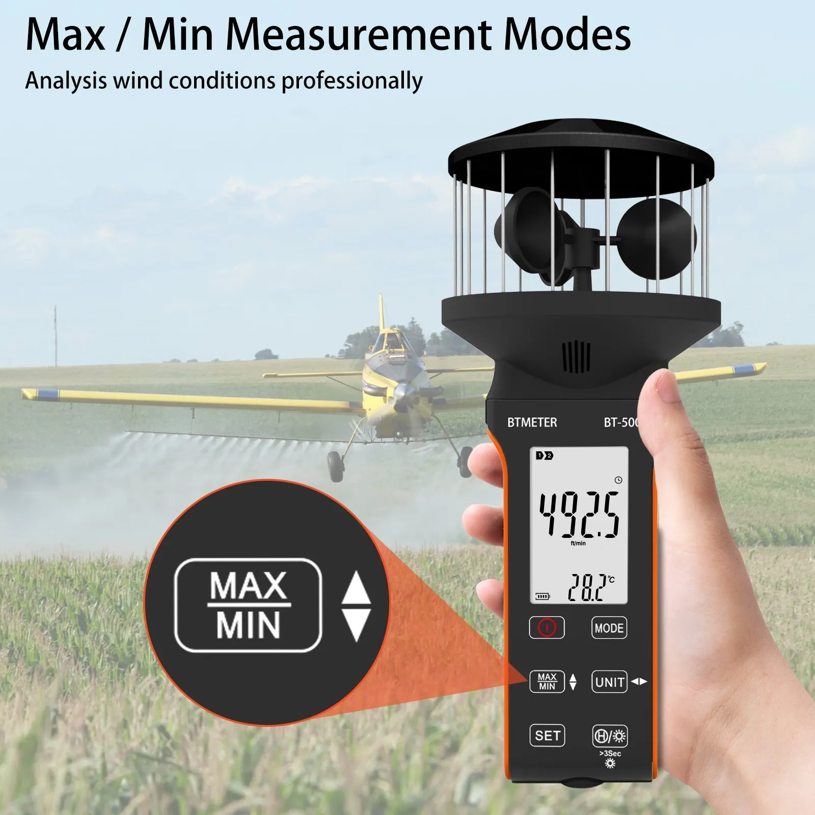 BTMETER BT-5000G  Rechargeable Handheld Wind Speed Meter, Touch Buttons for Shooting, Sailing, Surfing, Drone