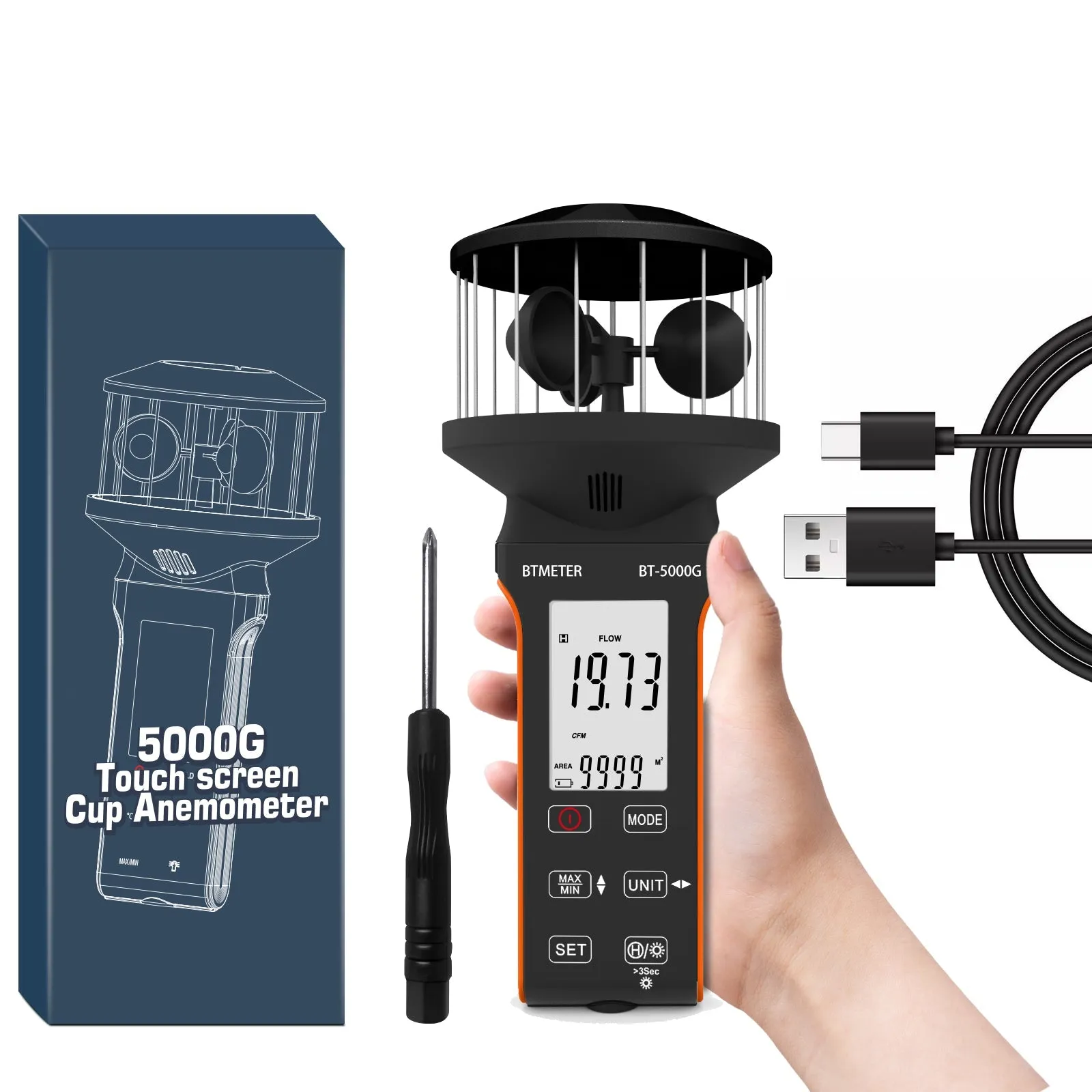 BTMETER BT-5000G  Rechargeable Handheld Wind Speed Meter, Touch Buttons for Shooting, Sailing, Surfing, Drone