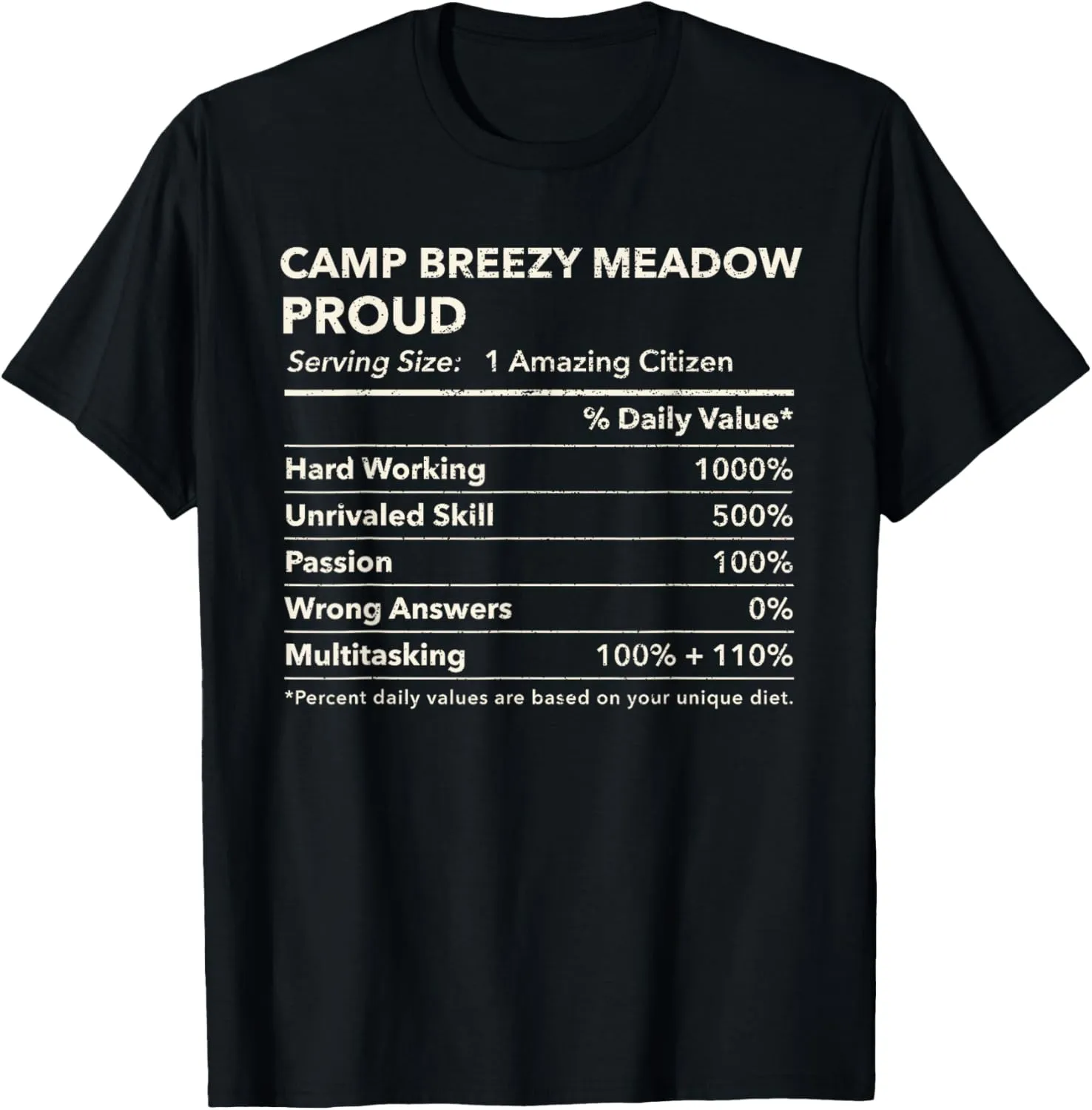 Camp Breezy Meadow, Massachusetts Proud Nutrition Facts T-Shirt