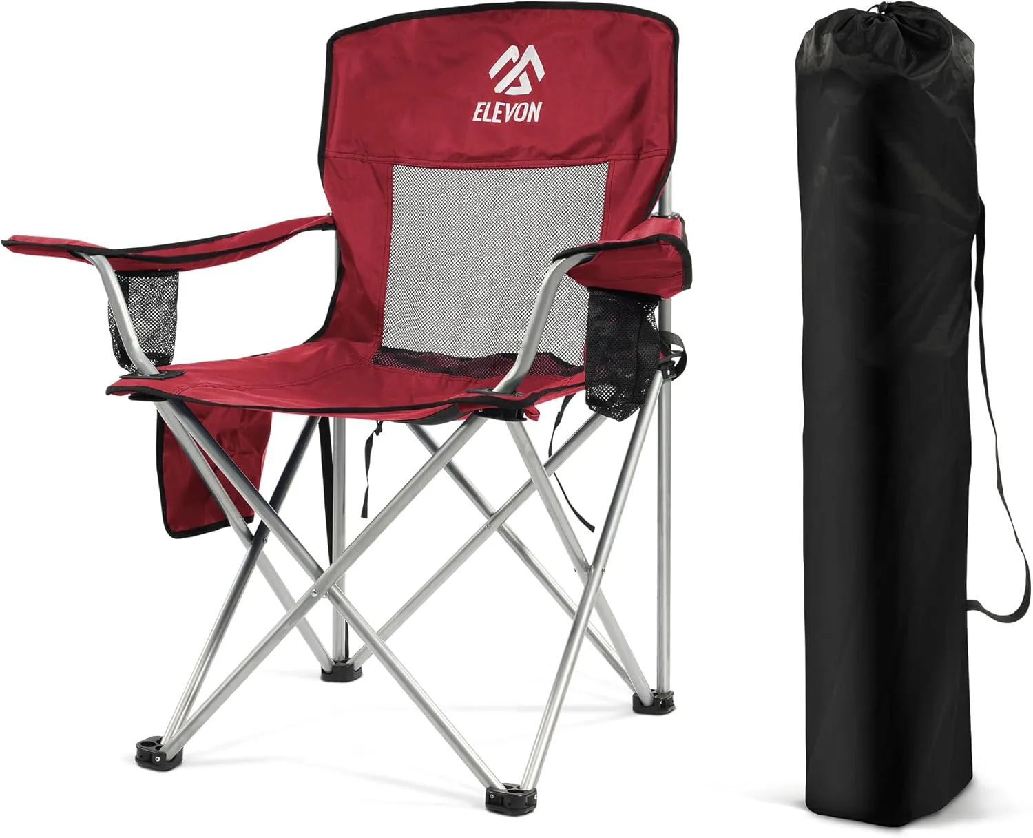 Camping Chair, Portable Folding Outdoor Chair with Arms, Cup Holder and Carry Bag, Collapsible Chair for Camping, Fishing, Beach, and Sports, Burgundy