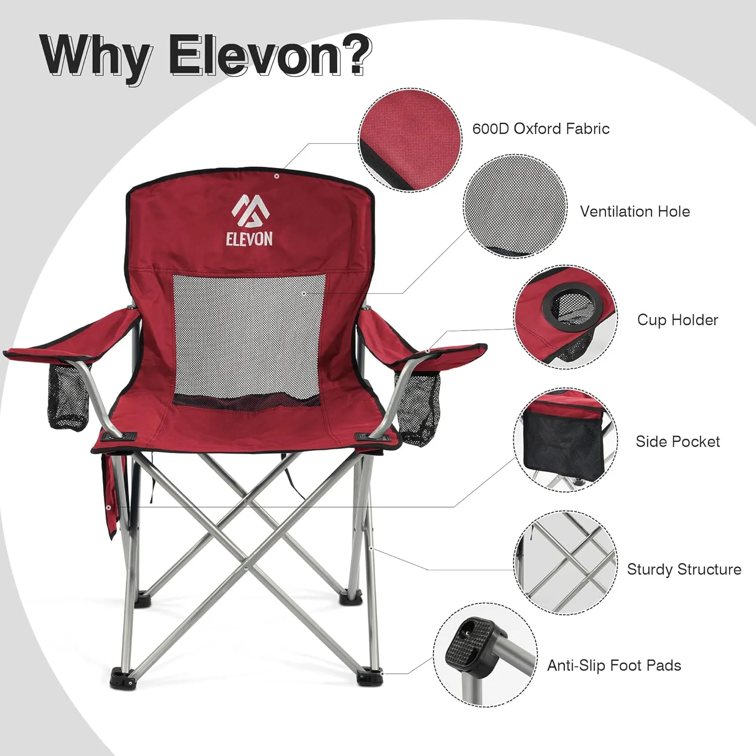 Camping Chair, Portable Folding Outdoor Chair with Arms, Cup Holder and Carry Bag, Collapsible Chair for Camping, Fishing, Beach, and Sports, Burgundy