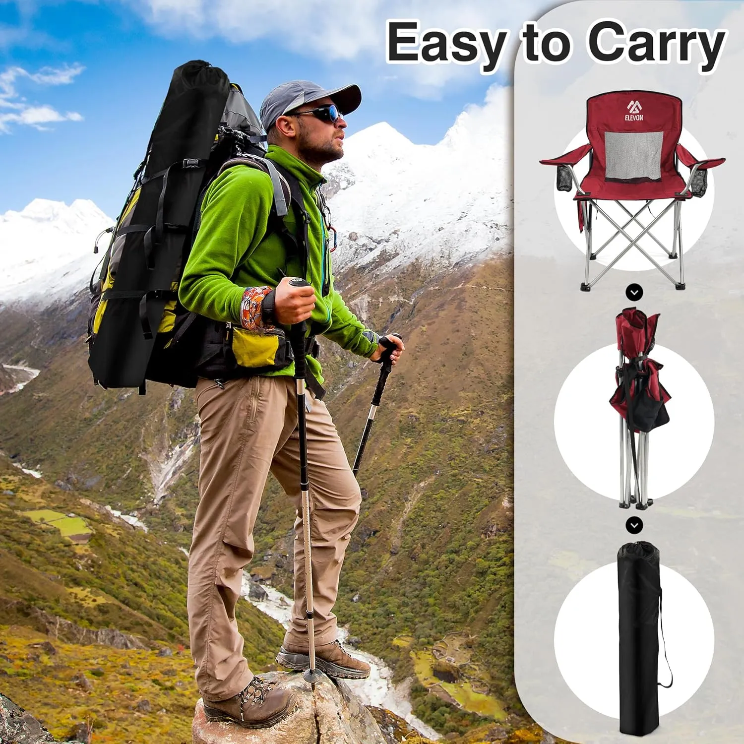 Camping Chair, Portable Folding Outdoor Chair with Arms, Cup Holder and Carry Bag, Collapsible Chair for Camping, Fishing, Beach, and Sports, Burgundy