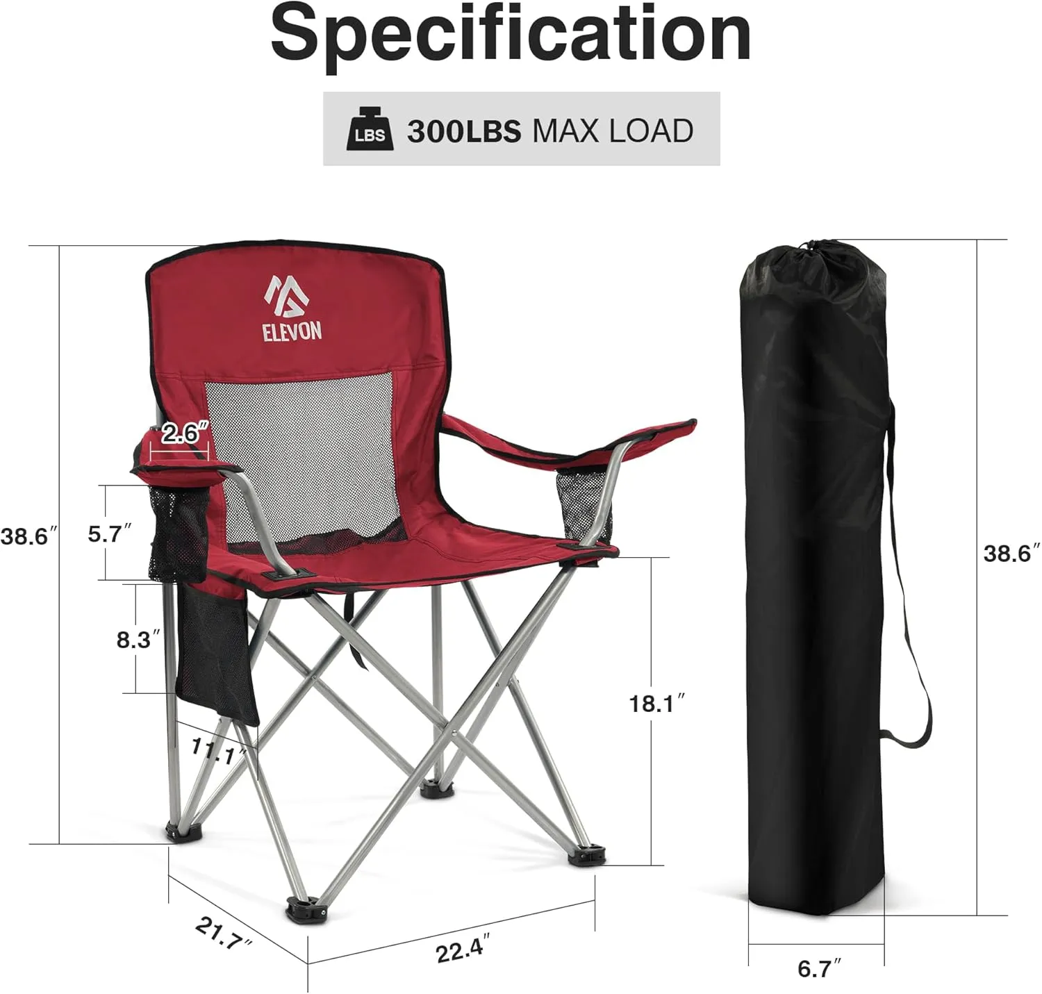 Camping Chair, Portable Folding Outdoor Chair with Arms, Cup Holder and Carry Bag, Collapsible Chair for Camping, Fishing, Beach, and Sports, Burgundy