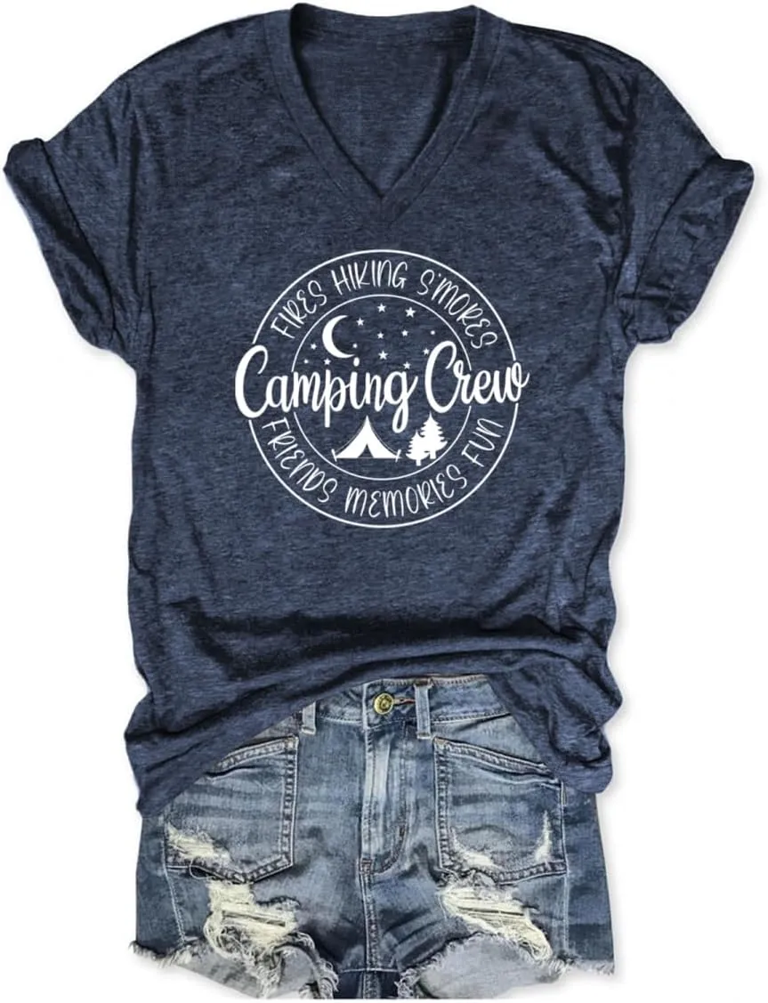Camping Shirts for Women Friends Camping Crew V Neck Tshirts Family Vacation Hiking Camper Graphic Tees Tops