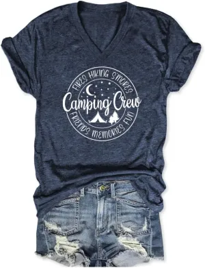 Camping Shirts for Women Friends Camping Crew V Neck Tshirts Family Vacation Hiking Camper Graphic Tees Tops