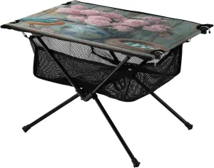 Camping Table Lightweight Portable Folding Table with Mesh Storage Net Flower Hydrangea Egg Bird Ideal for Camping Hiking Beach Picnic Travel Backyard