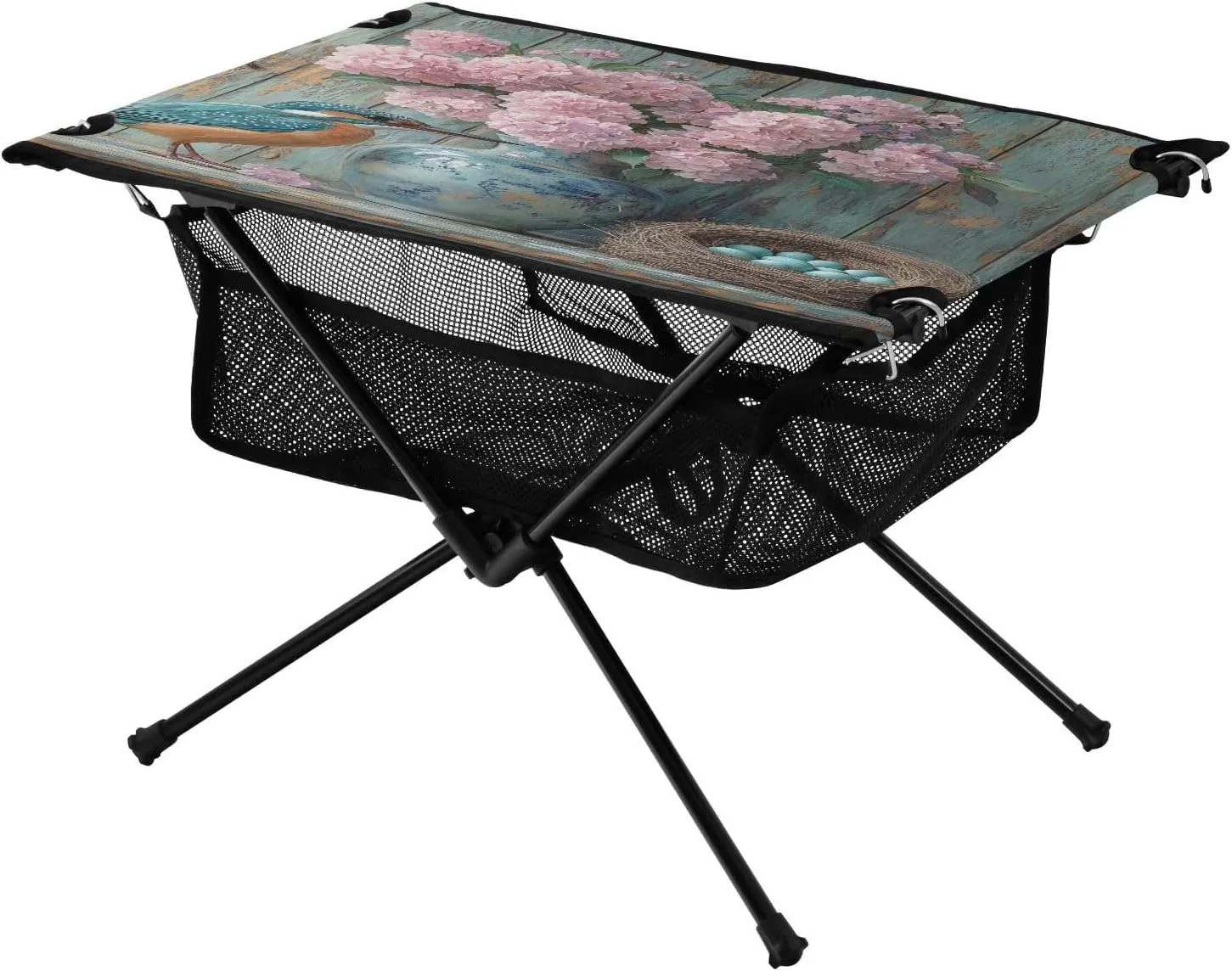 Camping Table Lightweight Portable Folding Table with Mesh Storage Net Flower Hydrangea Egg Bird Ideal for Camping Hiking Beach Picnic Travel Backyard
