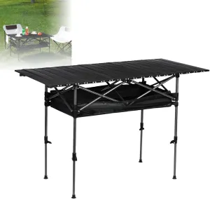 Camping Table with Storage, Roll Up Table for Camping, Adjustable Height Camping Table, Portable Outdoor Folding Table with Large Storage and Carrying Bag (Black)