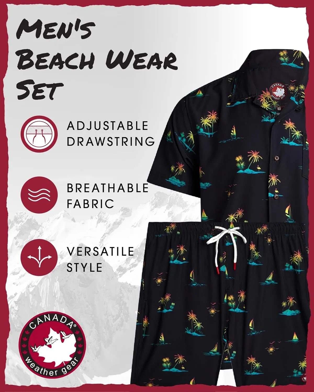 CANADA WEATHER GEAR Men's Beach Wear Set - 2 Piece Camp Hawaiian Shirt and Swim Shorts Vacation Outfit Set (Sizes: S-2XL)