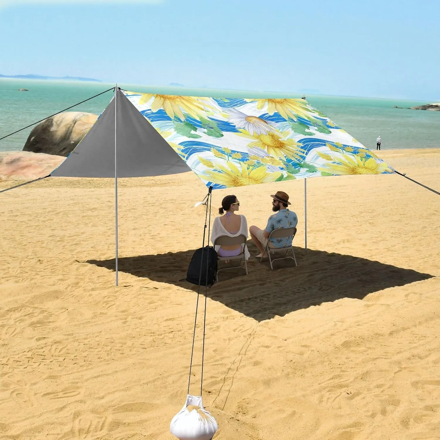 Canopy Beach Tent 9.2 × 10.5 FT Outdoor Patio Shade Cute Yellow Daisies Chrysanthemums Floral Camping Sun Shelter Waterproof with Anchor Poles Easy up