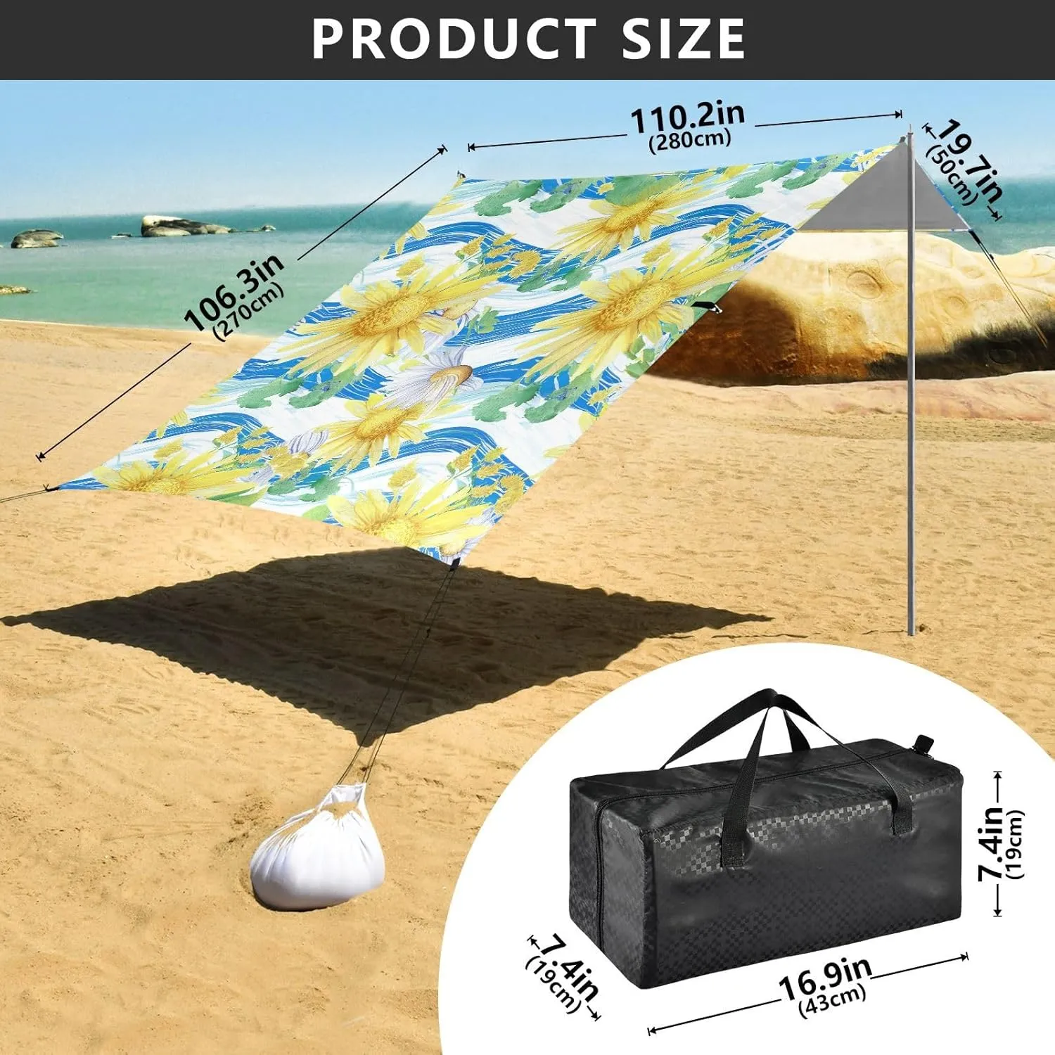 Canopy Beach Tent 9.2 × 10.5 FT Outdoor Patio Shade Cute Yellow Daisies Chrysanthemums Floral Camping Sun Shelter Waterproof with Anchor Poles Easy up