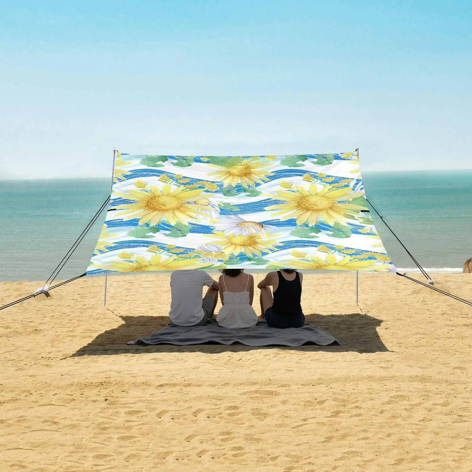 Canopy Beach Tent 9.2 × 10.5 FT Outdoor Patio Shade Cute Yellow Daisies Chrysanthemums Floral Camping Sun Shelter Waterproof with Anchor Poles Easy up